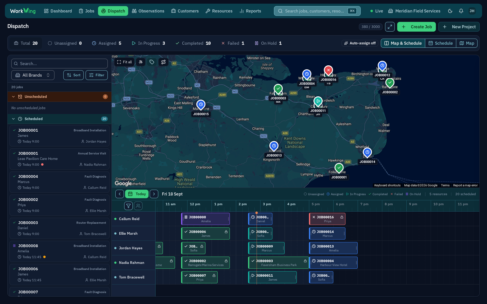 WorkWing jobs board showing the day's jobs on the combined map and schedule view across all brands