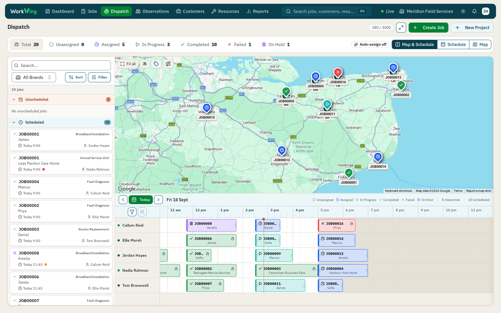 WorkWing jobs board showing the day's jobs on the combined map and schedule view across all brands
