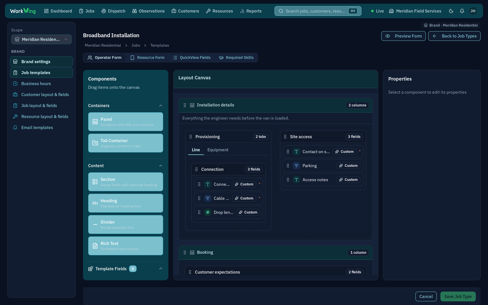 WorkWing job template builder, showing an installation form laid out as panels, tabs and fields on a drag-and-drop canvas