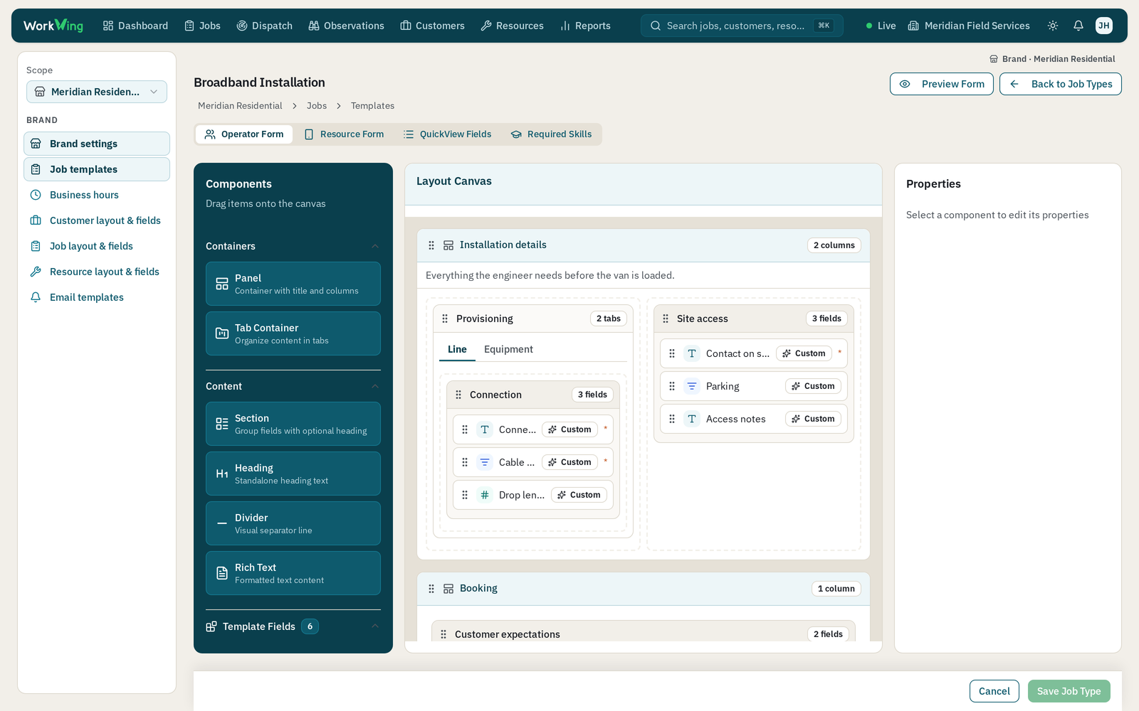 WorkWing job template builder, showing an installation form laid out as panels, tabs and fields on a drag-and-drop canvas