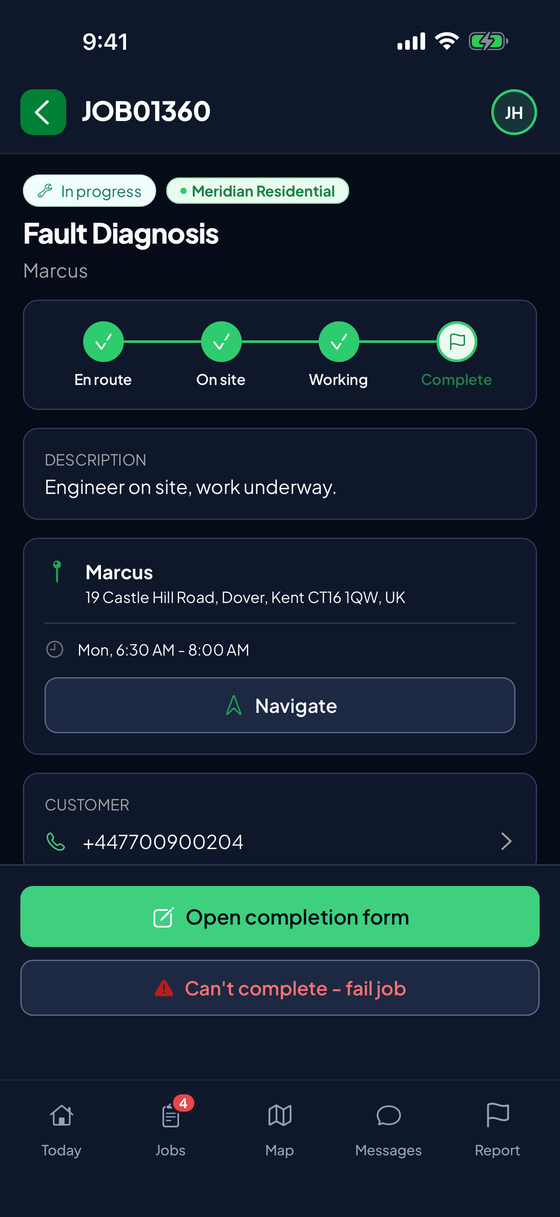 WorkWing mobile app job screen showing the job's stage from en route to complete, the site address with one-tap navigation, and the customer's phone number