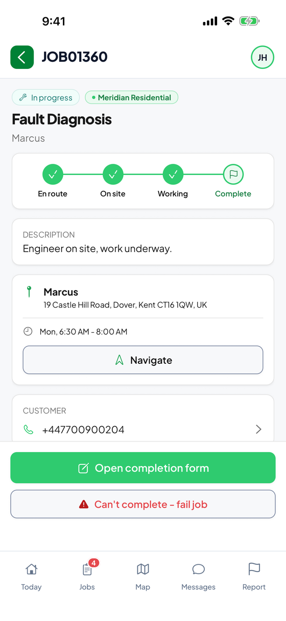 WorkWing mobile app job screen showing the job's stage from en route to complete, the site address with one-tap navigation, and the customer's phone number