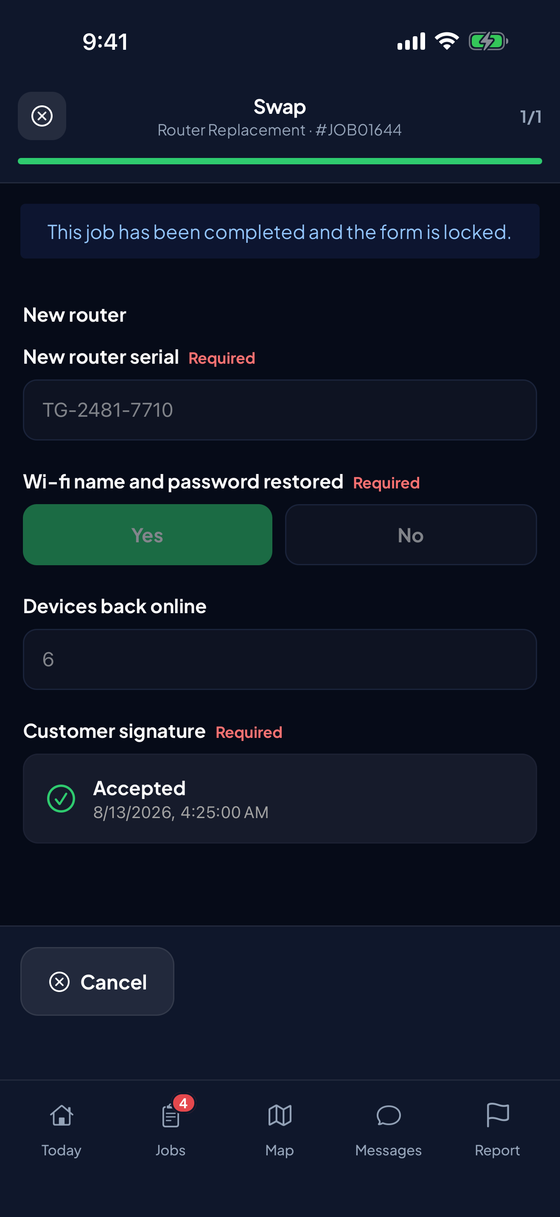 WorkWing mobile app completion form showing the job type's own fields and a signature pad for the customer to sign on site