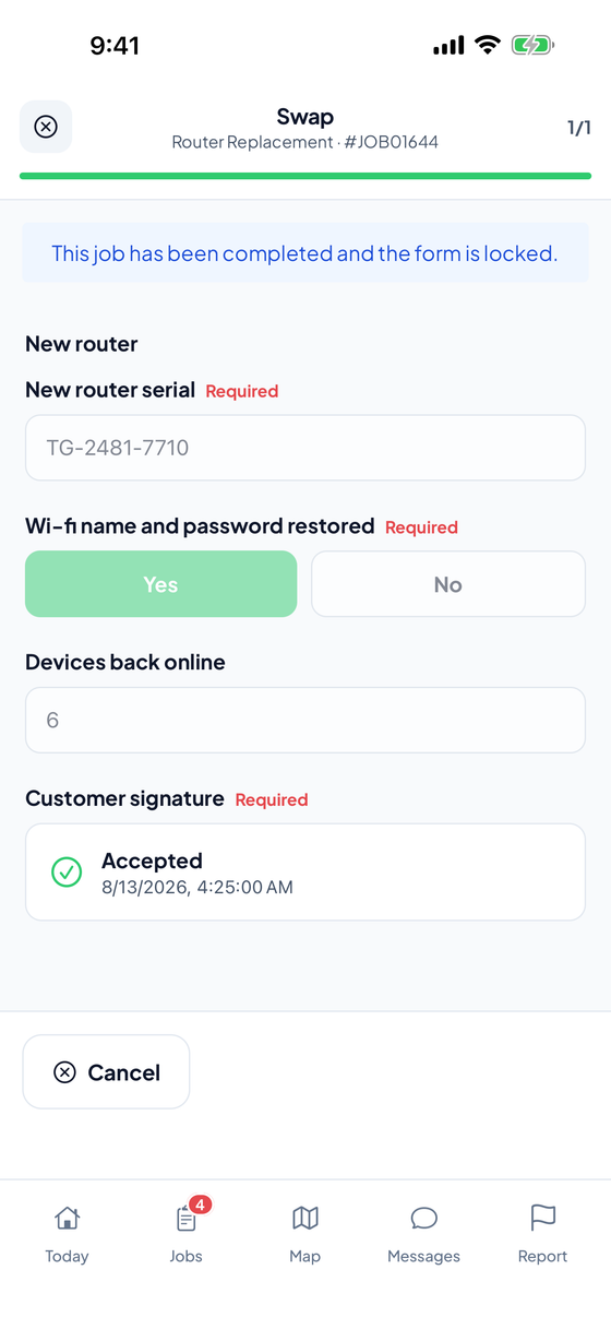WorkWing mobile app completion form showing the job type's own fields and a signature pad for the customer to sign on site