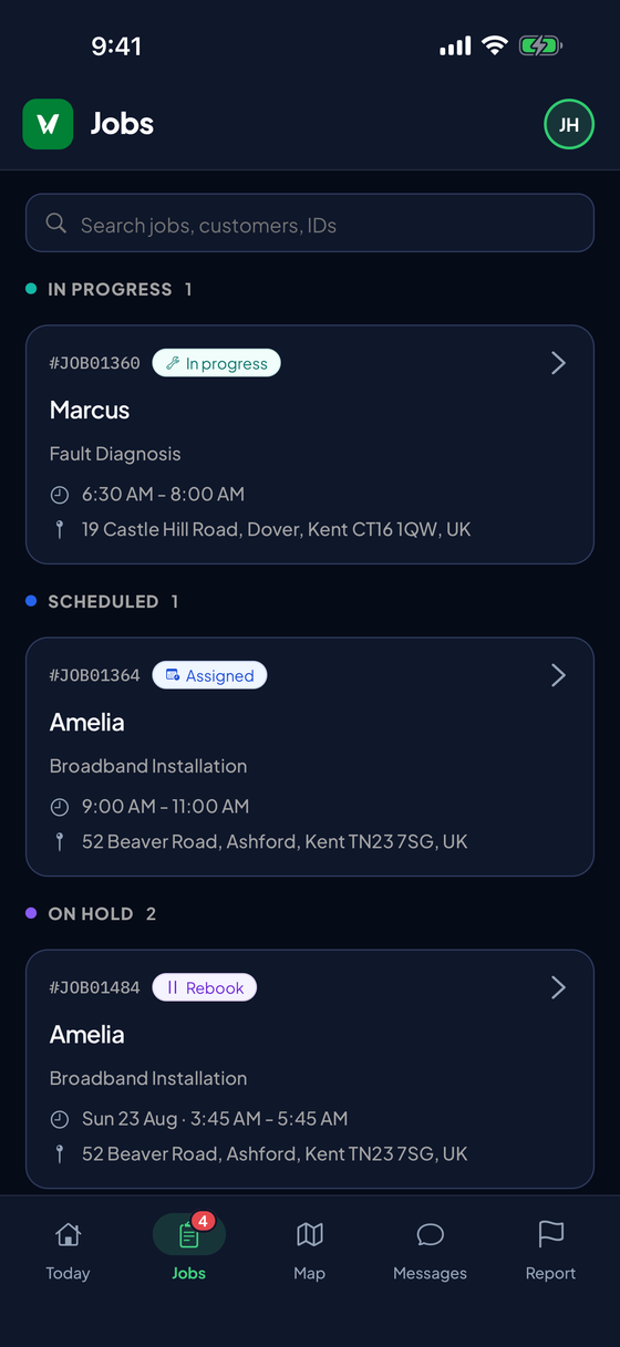 WorkWing mobile app Jobs screen listing the technician's assigned jobs with status and time windows