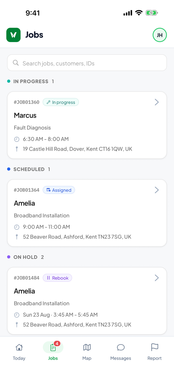 WorkWing mobile app Jobs screen listing the technician's assigned jobs with status and time windows