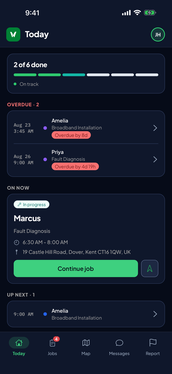 WorkWing mobile app Today screen showing the technician's job progress, the job on now, and upcoming jobs