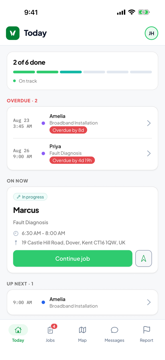 WorkWing mobile app Today screen showing the technician's job progress, the job on now, and upcoming jobs